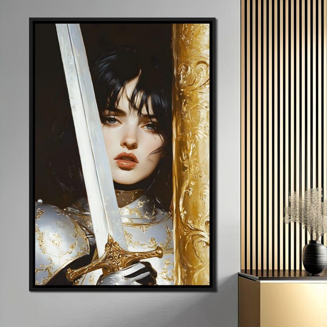 Armored Female Knight Holding a Sword by a Golden Pillar Poster - Image 3