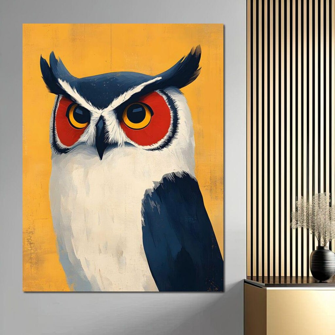 Bold Owl Portrait with Red Ringed Eyes on Golden Yellow Poster - Image 4