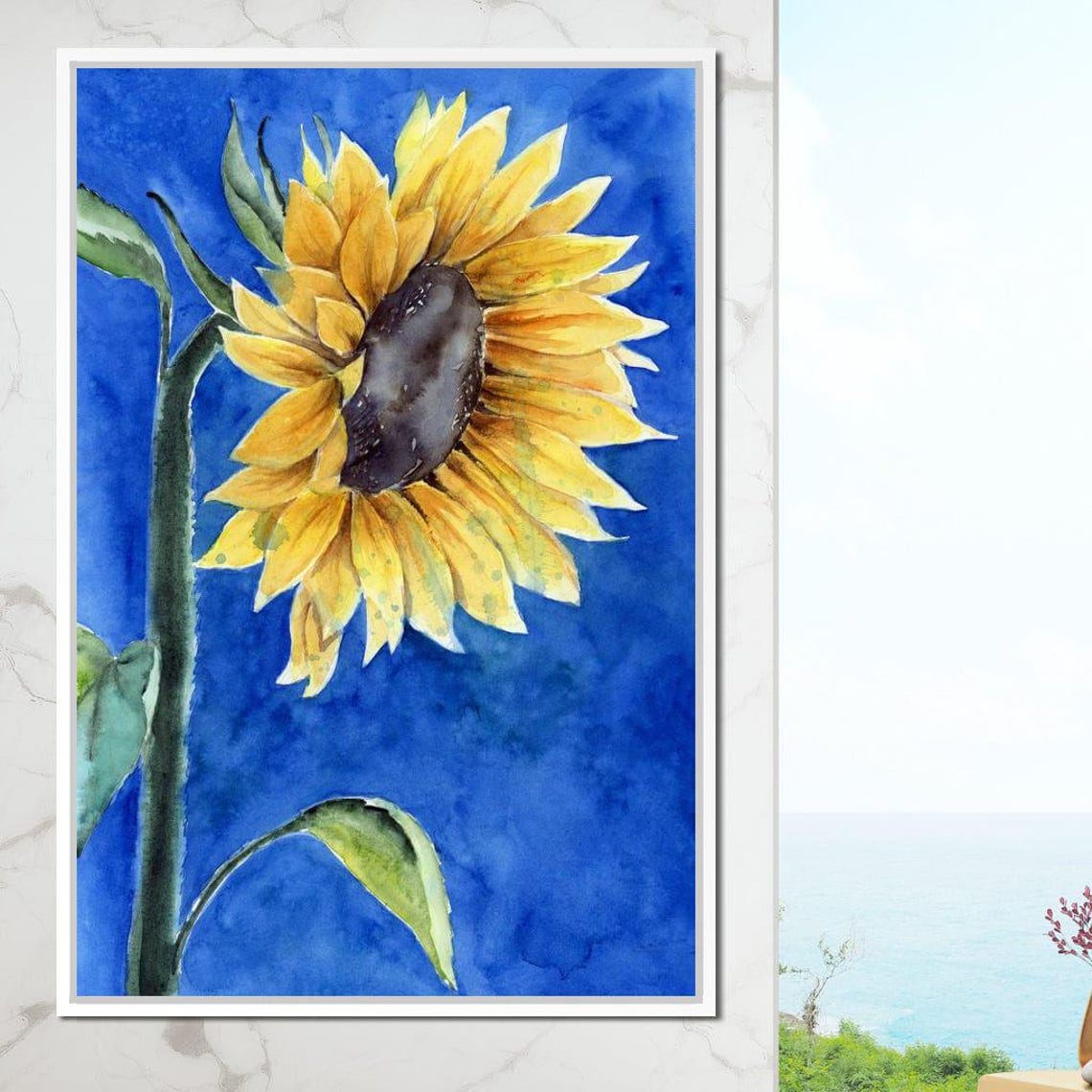 Sunflower Watercolor Cobalt Blue Background Botanical Art Poster - Image 4