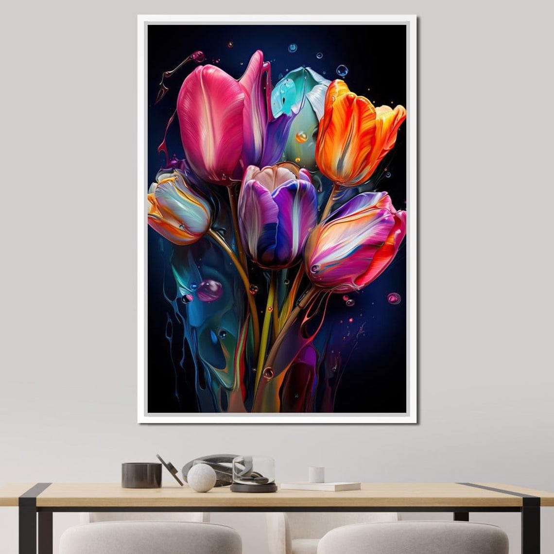 Luminous Tulips Vibrant Multicolor Bouquet On Dark Floral Art Poster - Image 2