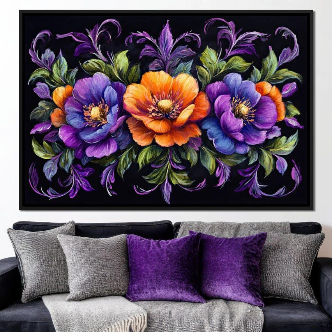 Purple Orange Symmetric Floral Botanical Black Ground Painting Poster - Image 2