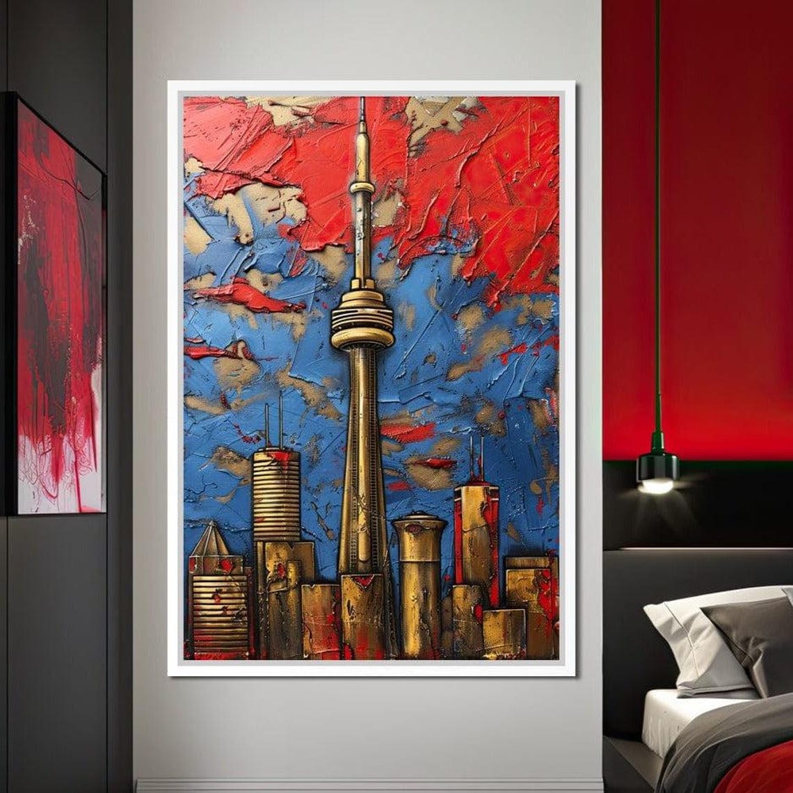 Toronto CN Tower Skyline Red Blue Gold Abstract Cityscape Wall Art - Image 4