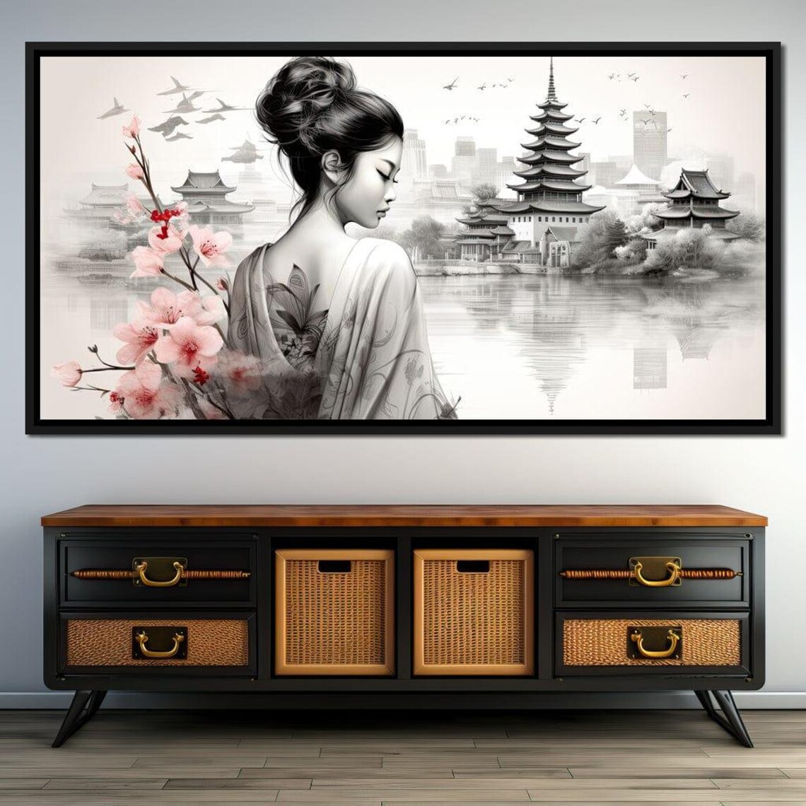 Serene Geisha With Cherry Blossoms Pagoda Lake Japanese Art Poster - Image 4