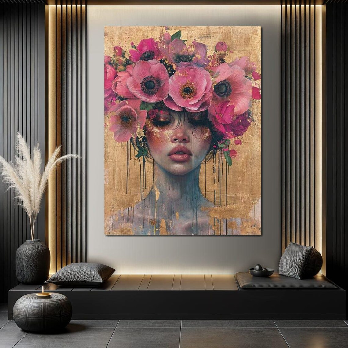 Pink Flowers Woman Dreamy Portrait Gold Pink Feminine Art Print - Image 3