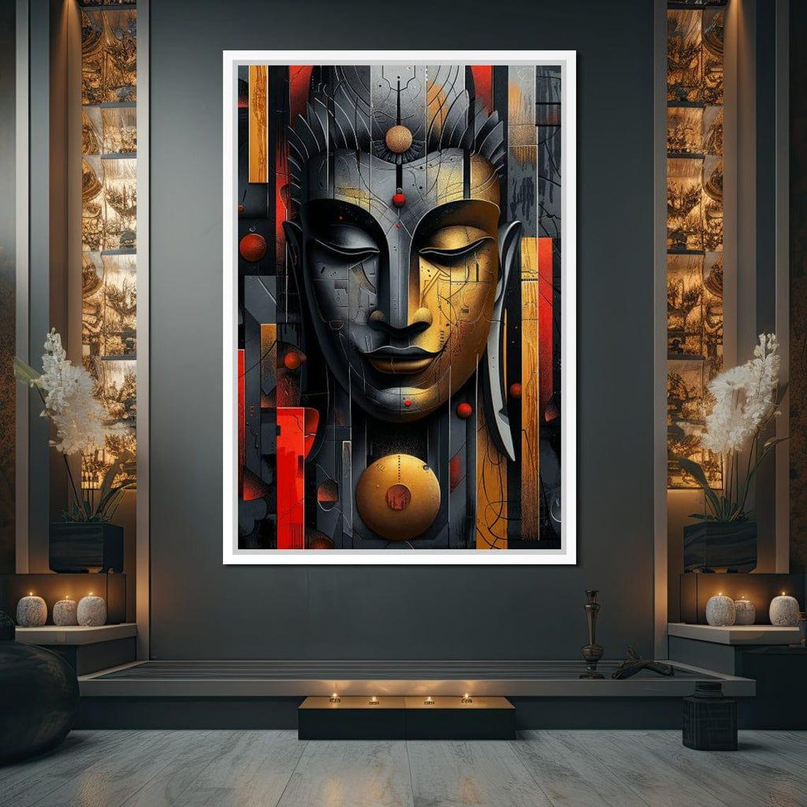 Geometric Buddha Face Gold Red Black Abstract Zen Meditation Wall Art - Image 2
