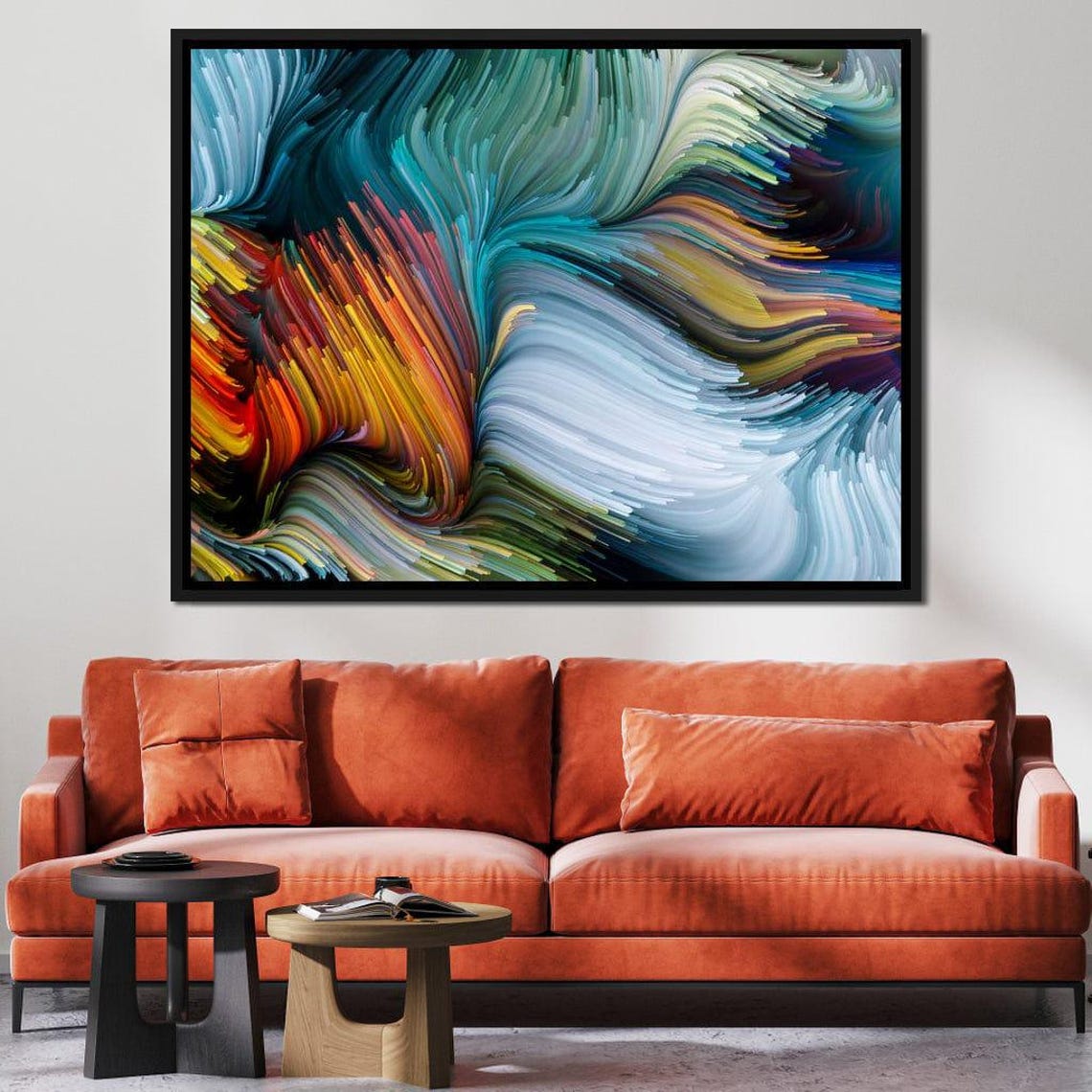 Teal Orange Yellow Fluid Wave Five Panel Modern Abstract Wall Art - Image 3