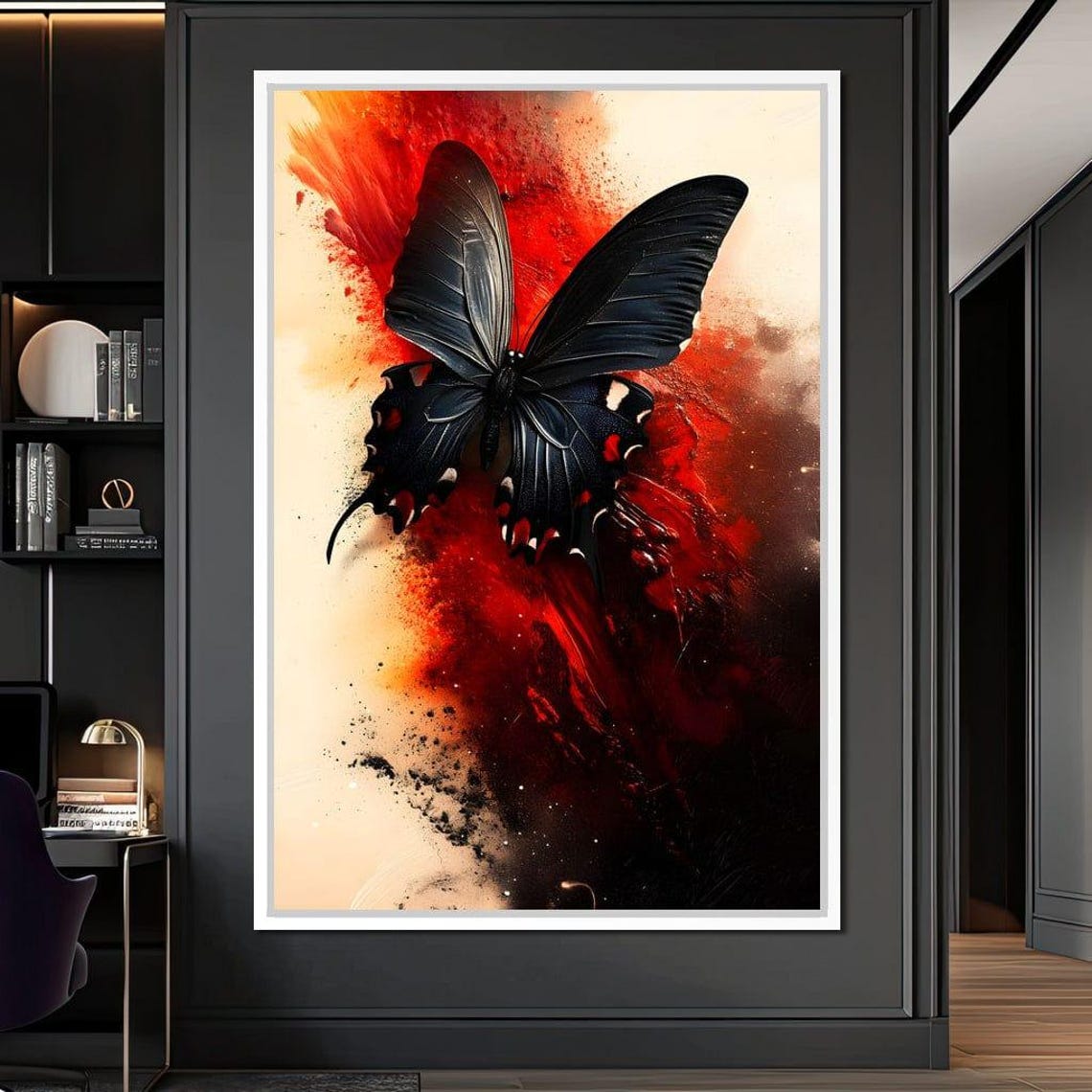 Black Butterfly Red Paint Splash Fiery Abstract Background Art Poster - Image 4