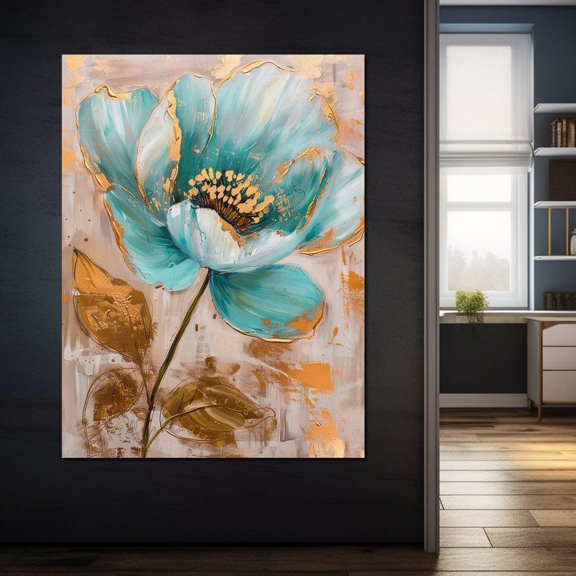 Teal Flower With Gold Accents Modern Botanical Abstract Wall Art Print - Image 2
