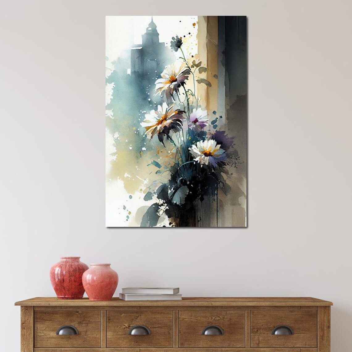 White Wildflowers Watercolor Teal Gold Wash Abstract Floral Wall Art - Image 4