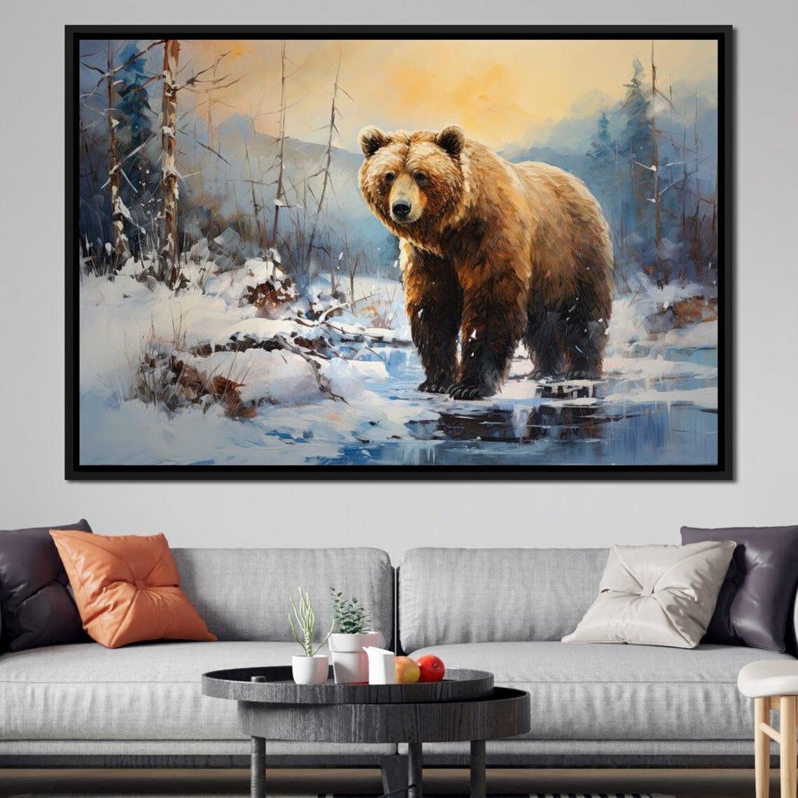Grizzly Bear Snowy Winter River Wilderness Wildlife Painting Wall Art Poster - Image 2