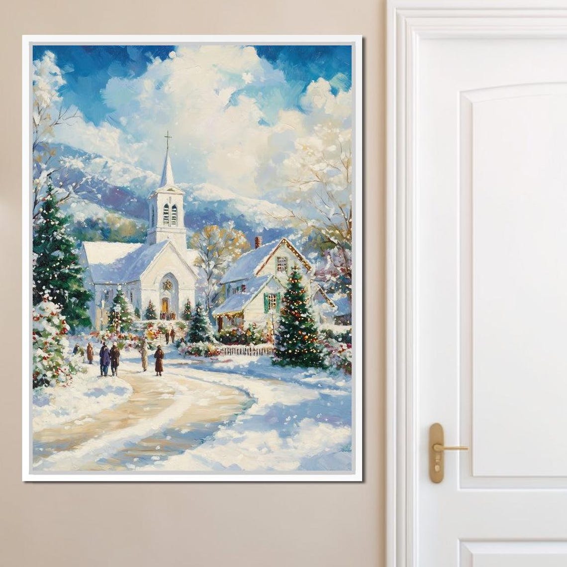 Snowy Village Chapel Christmas Scene Winter Village Gathering Poster