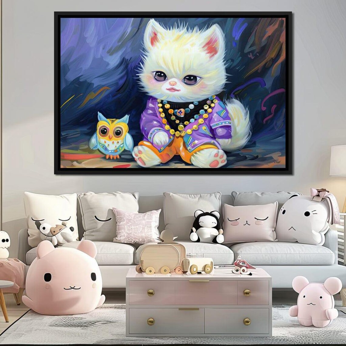 Fluffy Kitten Purple Pajamas Baby Owl Whimsical Night Kids Art Print - Image 4