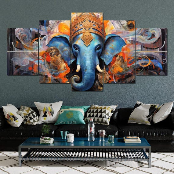 Serene Guardian Ganesha Hindu Wall Decor Colorful Spiritual Art Indian Deity Modern By Nichecanvas