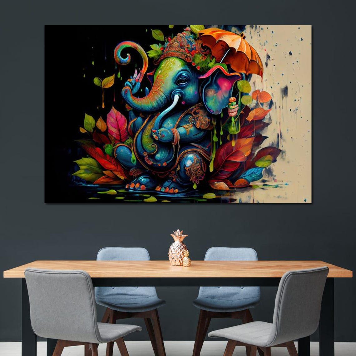 Blue Ganesha Dancing Under Umbrella Vibrant Rainbow Floral Art Poster - Image 2