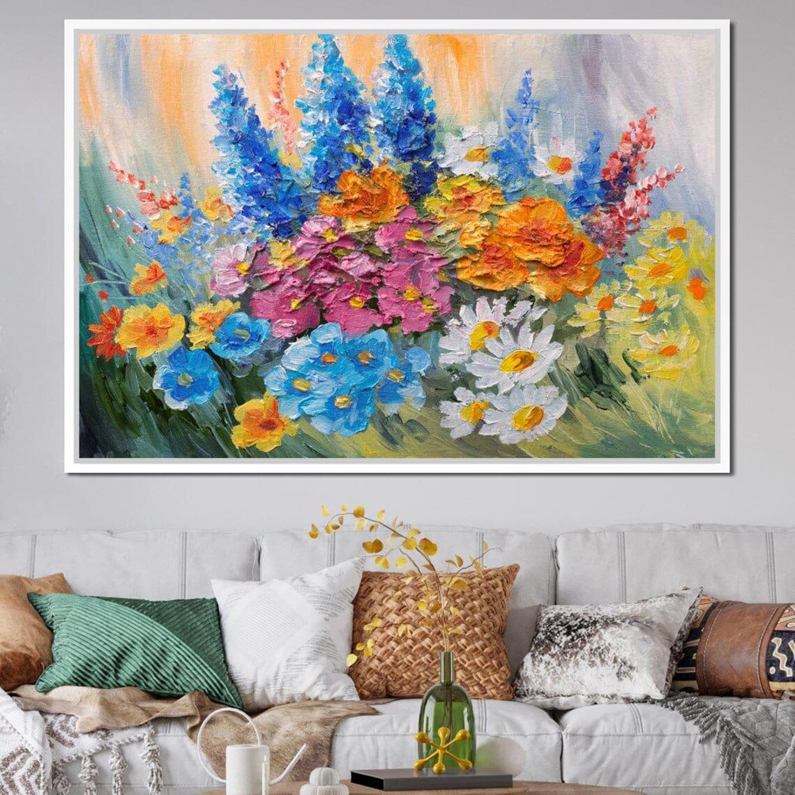 Abstract Bouquet Of Spring Flowers Vibrant Floral Wall Art Colorful Oil Painting Print Living Room Decor By Nichecanvas