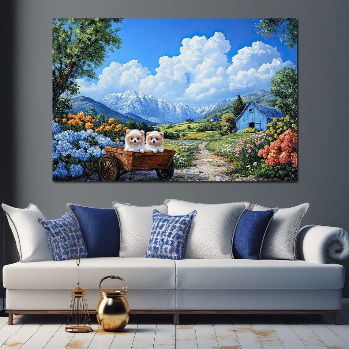 Two Cute Pomeranian Puppies in a Wagon by a Mountain Farm Poster - Image 3