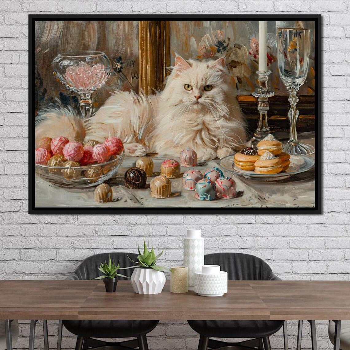 White Fluffy Cat On Dessert Table With Truffles Pastel Still Art Poster - Image 3