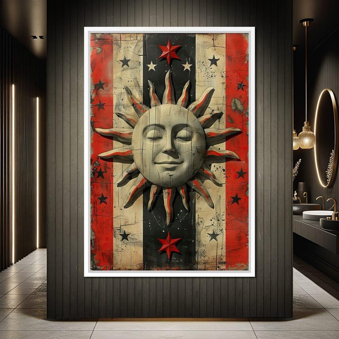 Sunrise Symphony On Stripes Sun Wall Art Modern Home Decor Star Motif Red Black Vertical Artwork Unique Design By Nichecanvas - Image 3