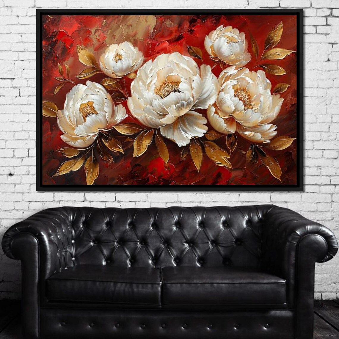 White Peonies Golden Leaves Rich Red Botanical Wall Art Poster - Image 3