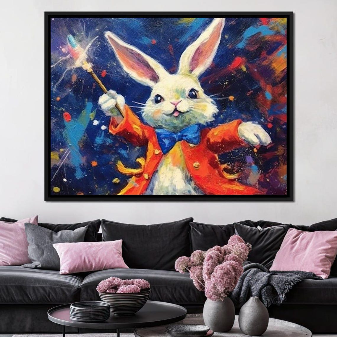 Bunny Magician Wand Red Coat Blue Bowtie Whimsical Kids Art Print - Image 2