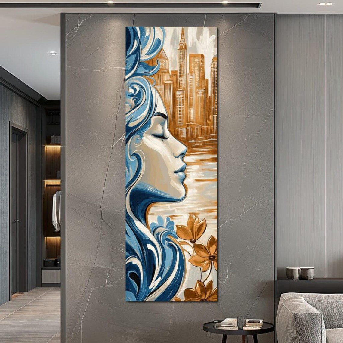 Art Deco Woman Ocean Wave Hair Golden City Skyline Profile Wall Print - Image 2