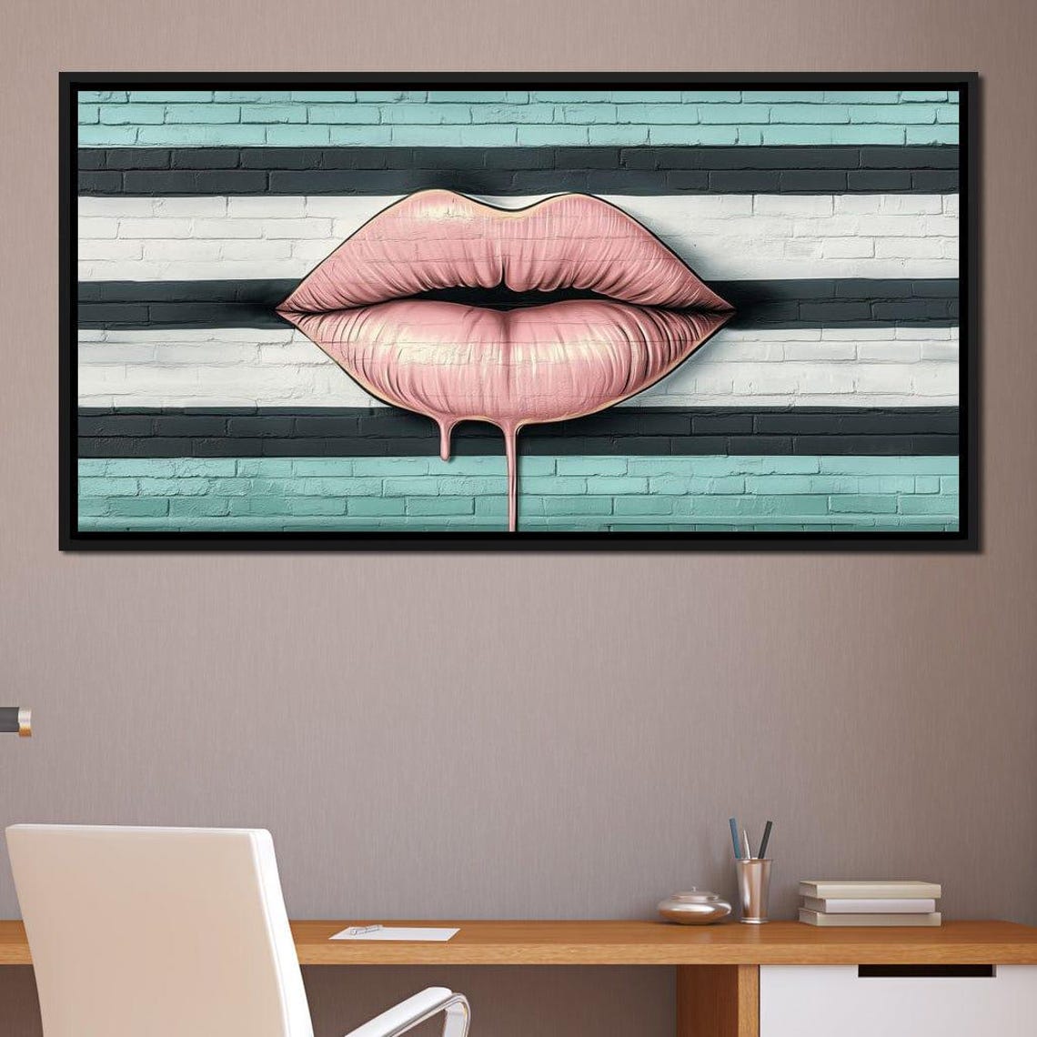 Pink Dripping Lips Pop Art On Teal Striped Brick Wall Modern Poster - Image 2