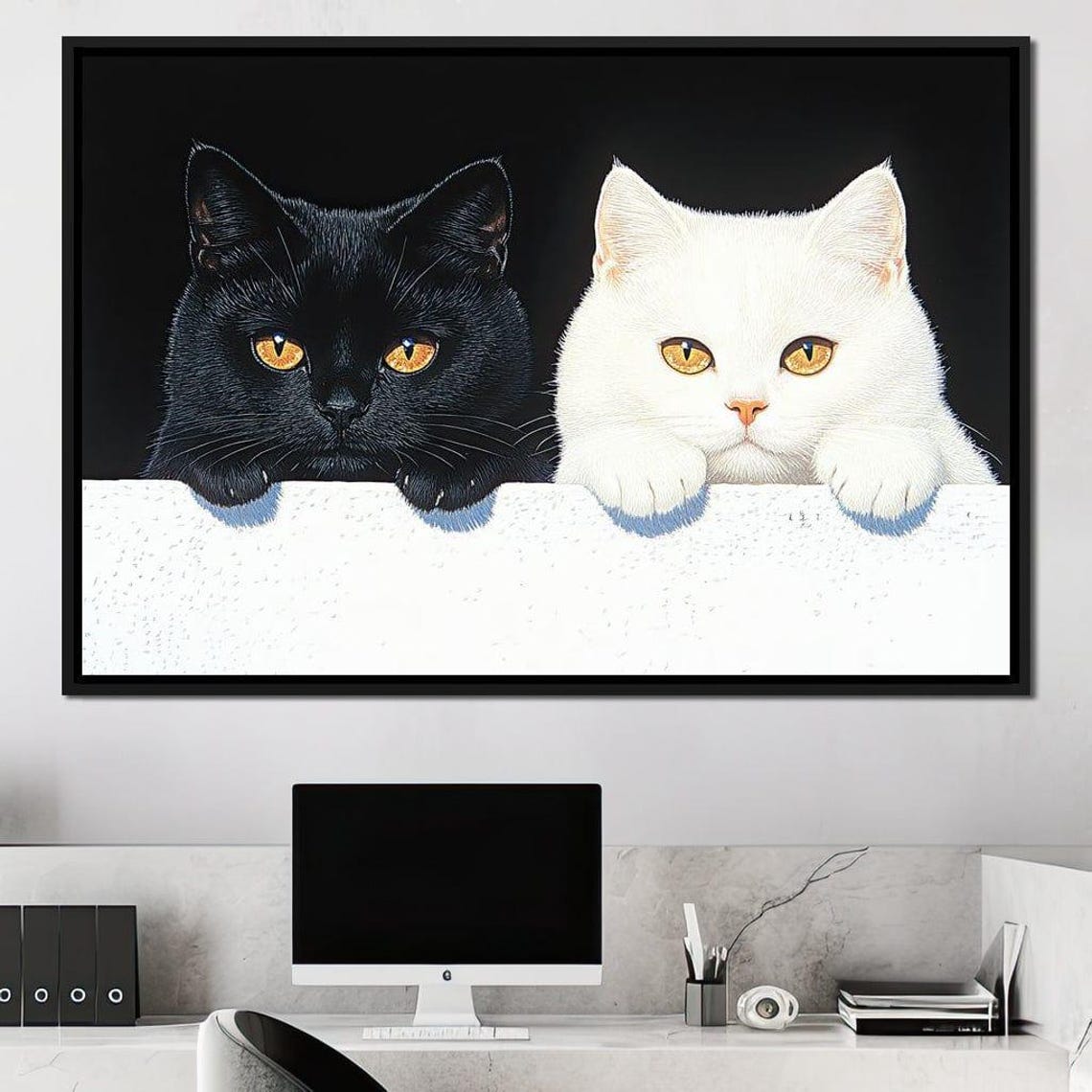 Black White Cats Peeking Over Edge Contrast Framed Cute Wall Art