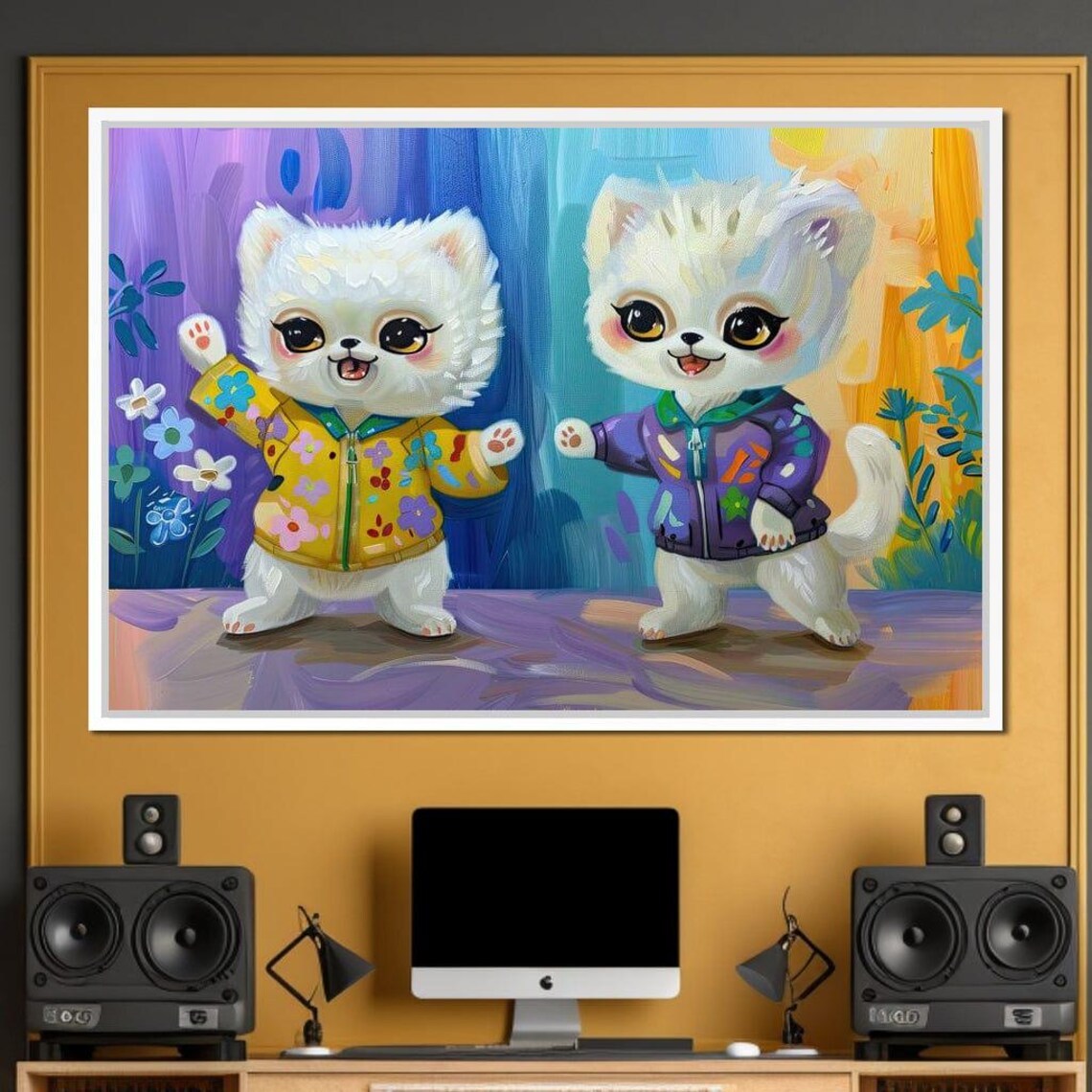 Two Cute Kittens In Colorful Jackets Whimsical Animal Painting Print