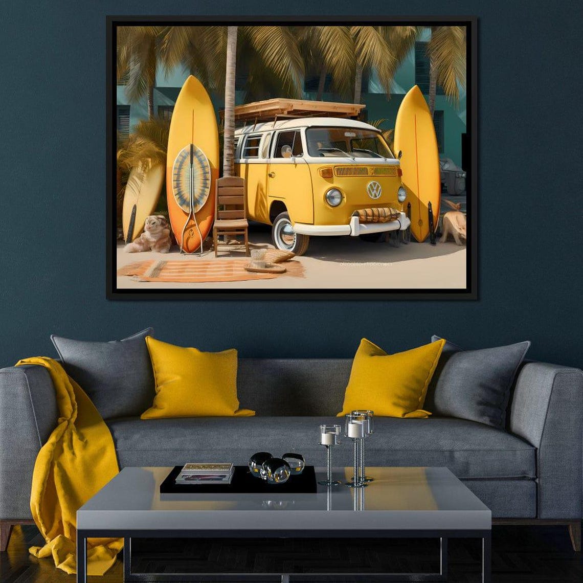 Surfside Yellow A Summer Scene Yellow Van Art Beach Decor Coastal Home Surfboard Art Home Decor By Nichecanvas - Image 4