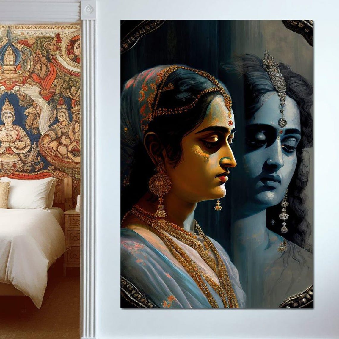 Radha Krishna Reflection Dual Portrait Blue Spiritual Art Poster - Image 3