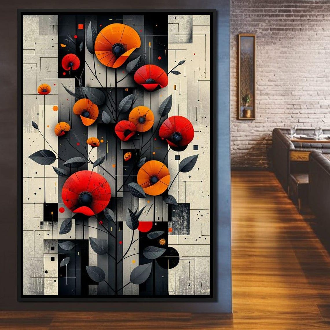 Red Orange Poppy Blooms Geometric Monochrome Floral Art Poster - Image 4
