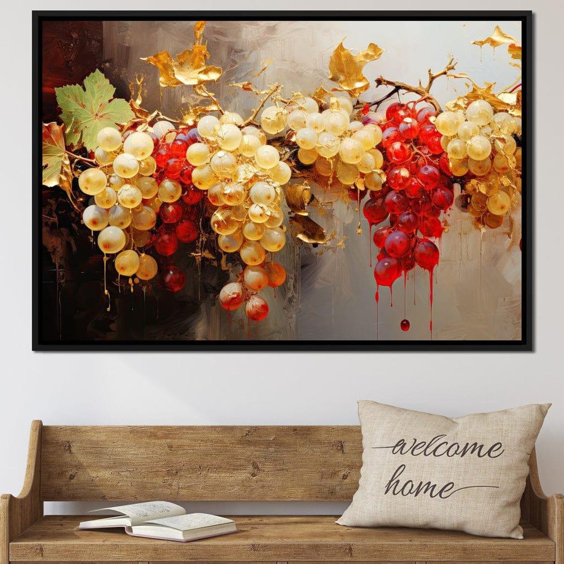 Golden Red Grapes Vine Art Print Wine Theme Elegant Kitchen Wall Decor