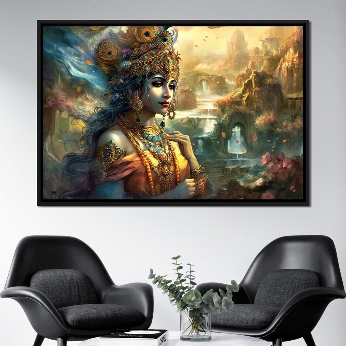 Hindu Goddess Peacock Crown Waterfall Temple Garden Divine Painting Print - Image 2