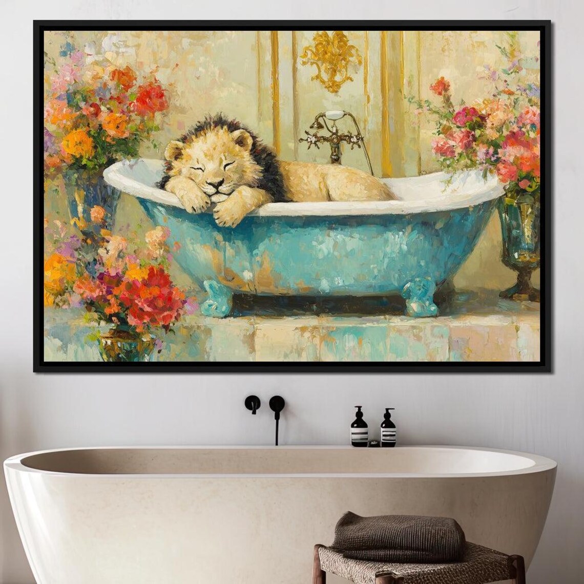 Sleepy Lion Relaxing In Blue Bathtub Floral Whimsical Animal Wall Print