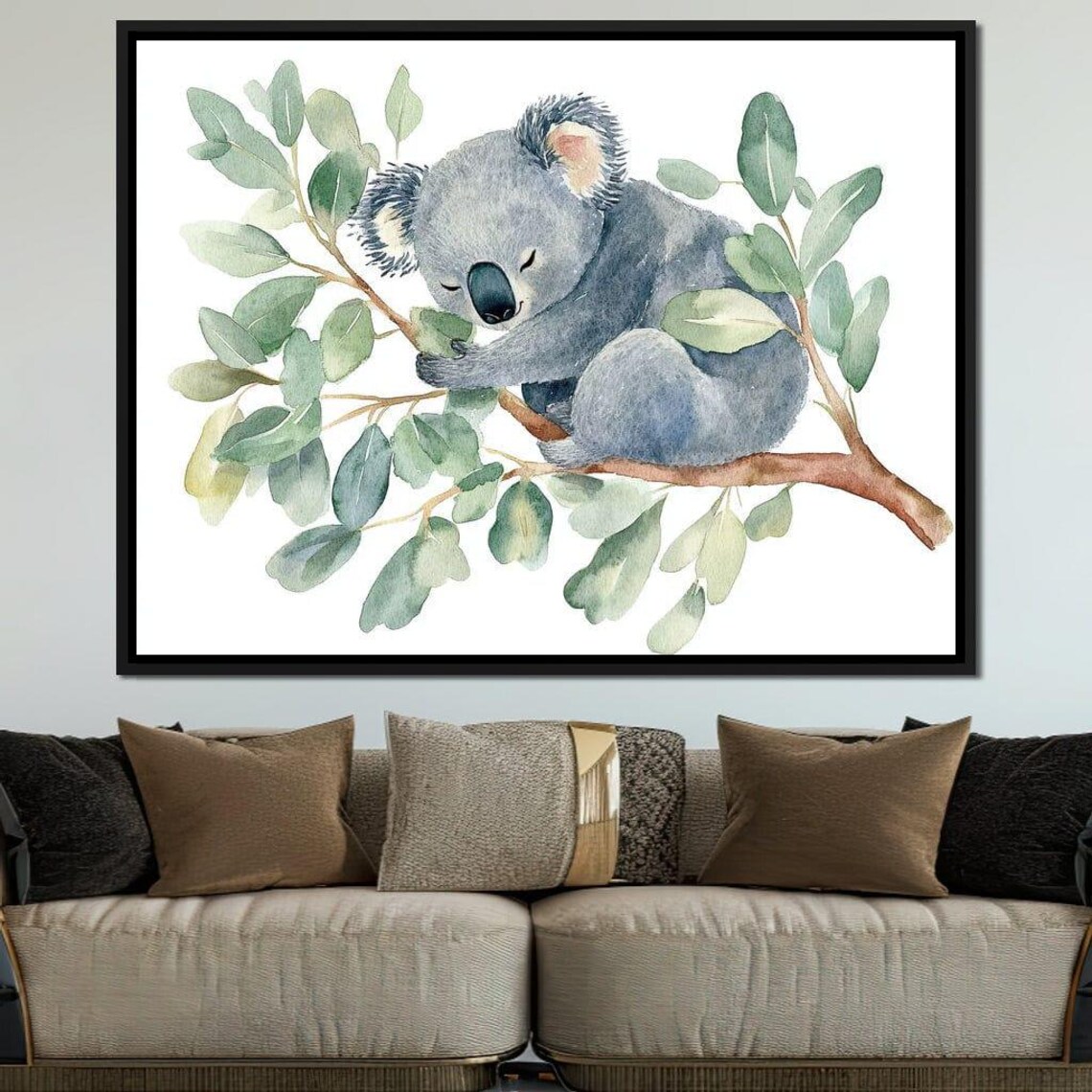 Sleeping Koala Watercolor Eucalyptus Branch Cute Nursery Wildlife Wall Art Print