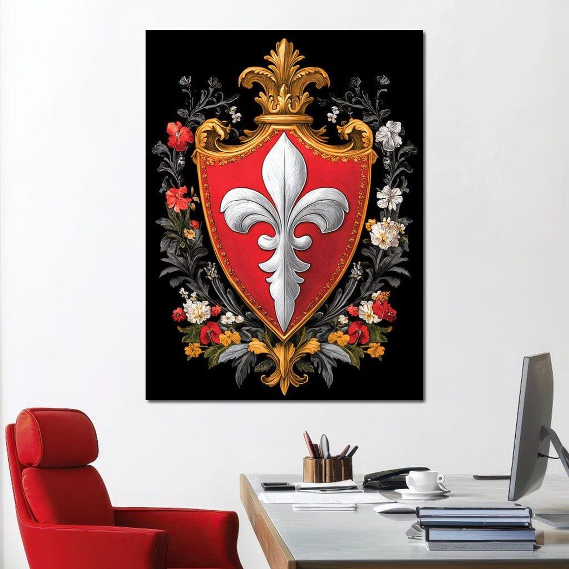 Red Heraldic Shield with White Fleur De Lys and Floral Wreath Poster - Image 2
