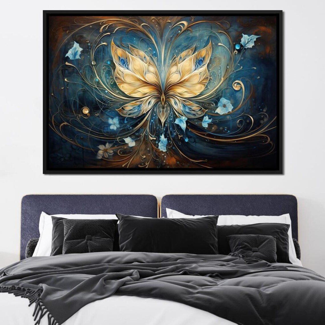 Golden Butterfly Abstract Blue Swirl Elegant Gold Wall Art Poster - Image 3