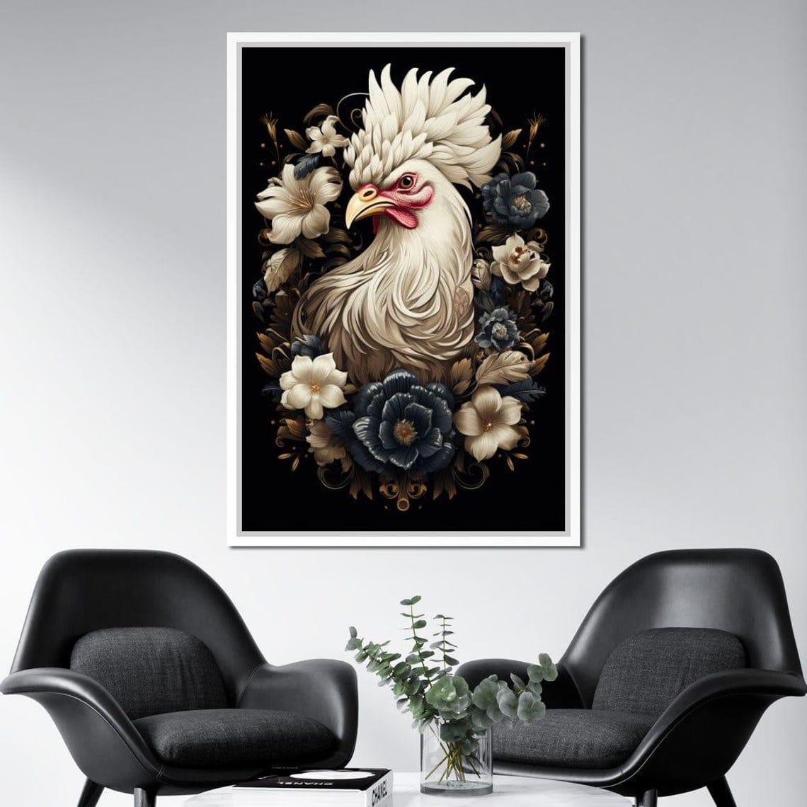 White Rooster Portrait With Dark Floral Bouquet Black Gold Poster - Image 3