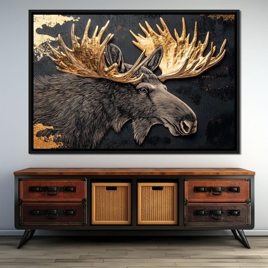 Majestic Moose Gold Antlers Black Gold Detailed Wildlife Art Poster - Image 4