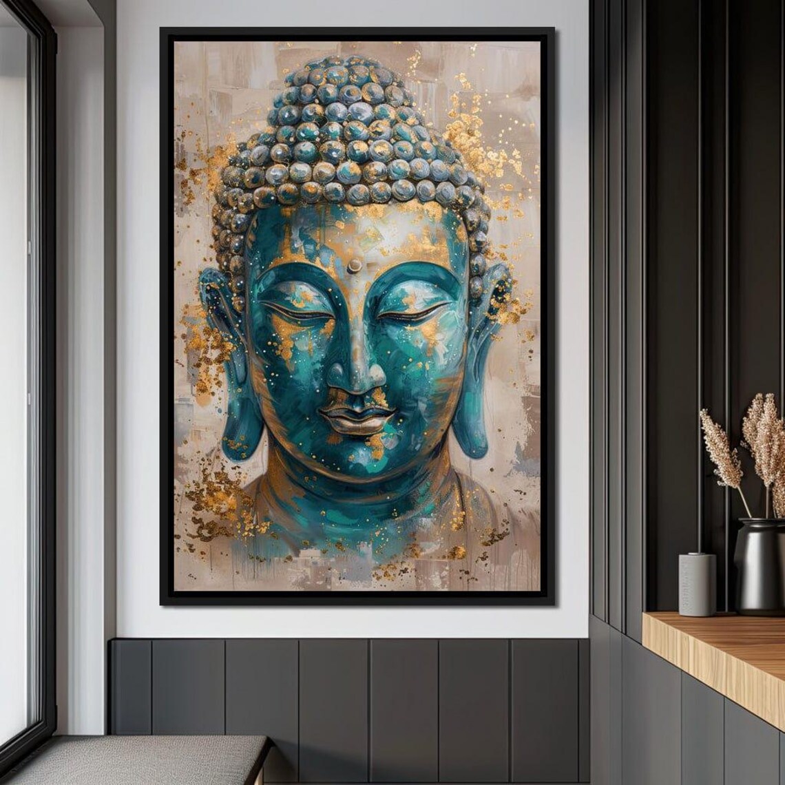 Teal Blue Buddha Face Gold Leaf Calm Meditation Zen Wall Art Poster - Image 2