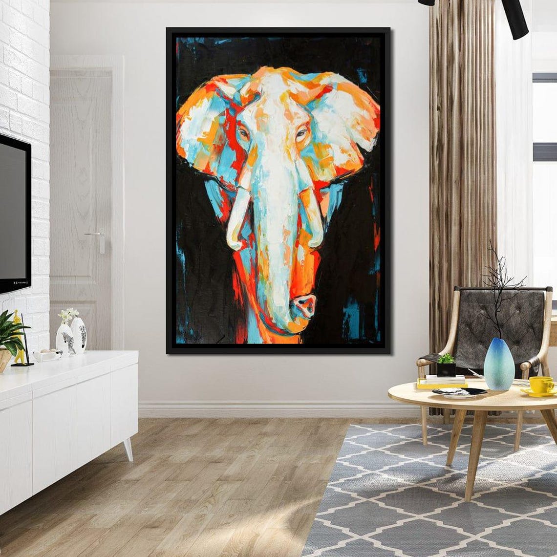 Colorful Abstract Elephant Portrait Orange Teal Modern Safari Wall Art