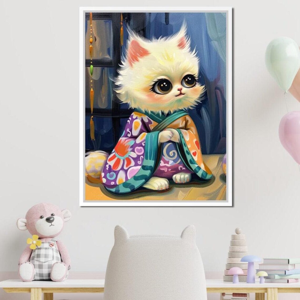 Cute White Kitten Kimono Robe Colorful Whimsical Kids Room Wall Art Poster