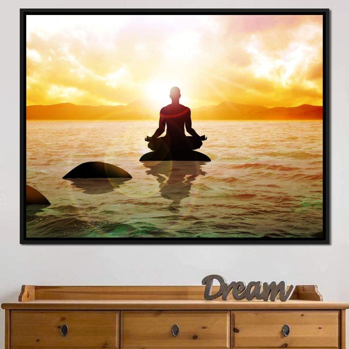 Meditating Silhouette Ocean Sunrise Yoga Spiritual Calm Art Poster