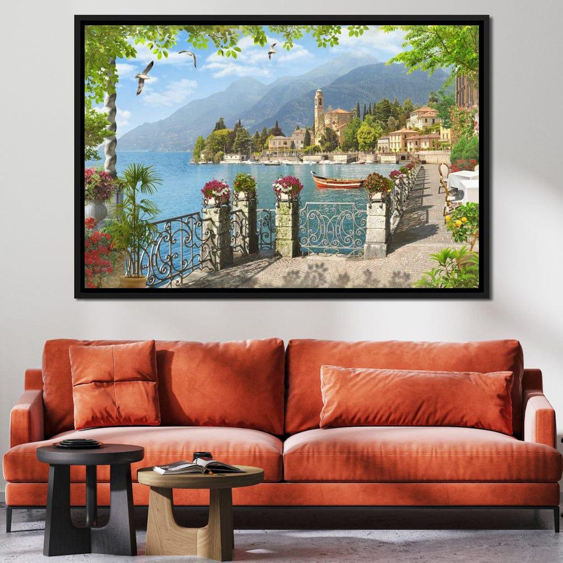 Italian Lake Promenade Villas Mountains Serene Coastal View Poster - Image 3