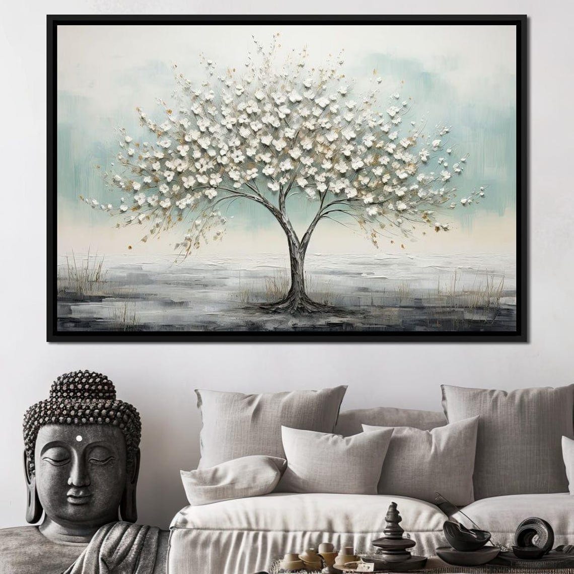 White Blossom Tree Mist Gray Minimalist Serene Botanical Wall Art - Image 4