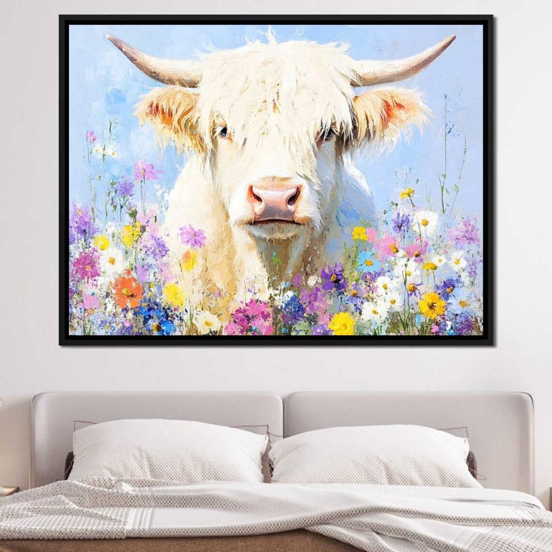 White Highland Cow Standing in a Colorful Wildflower Meadow Poster