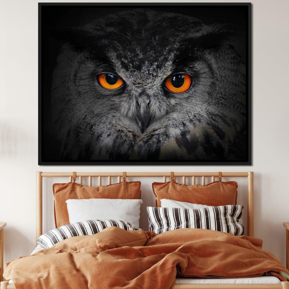 Black Owl Piercing Orange Eyes Dark Dramatic Wildlife Art Poster