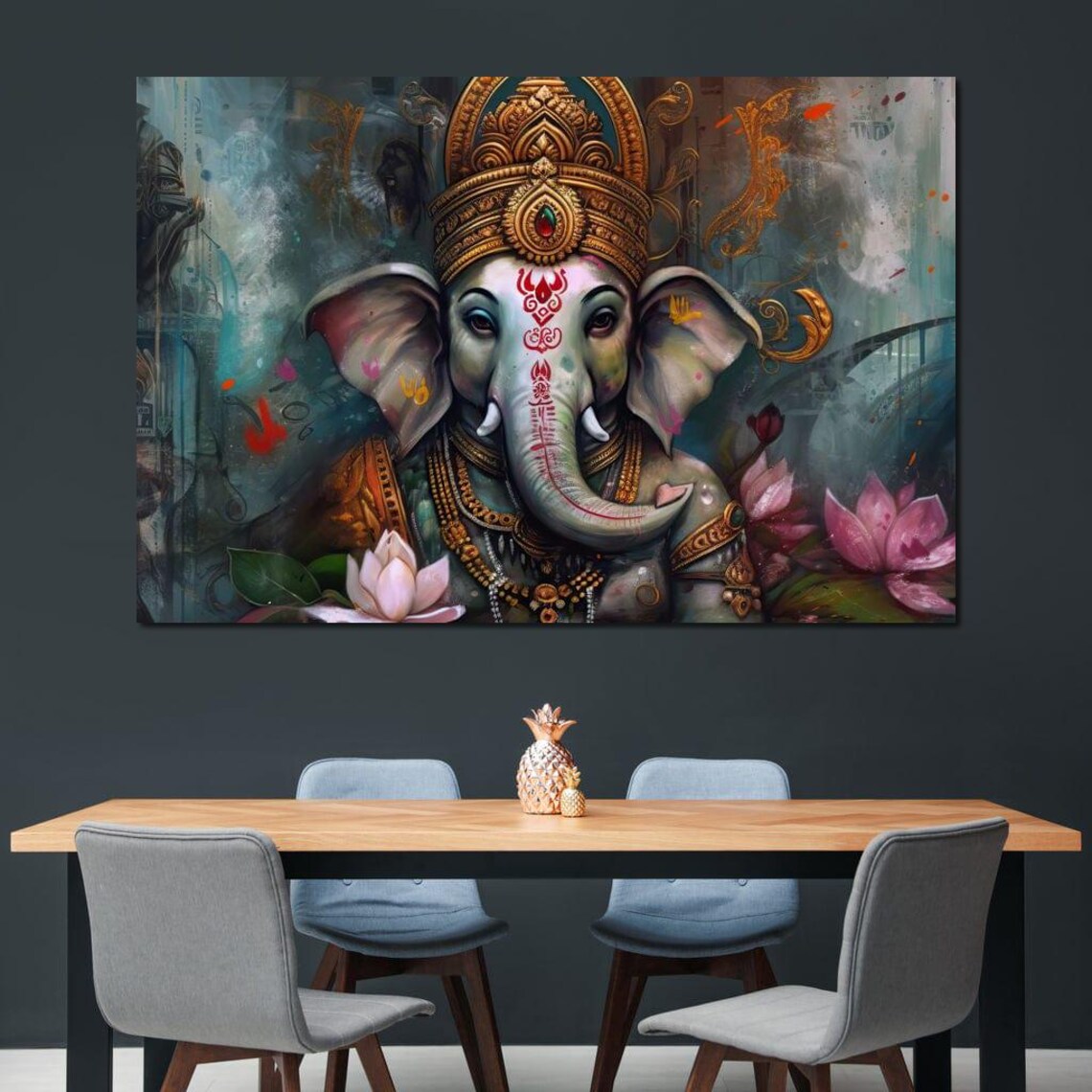 Lord Ganesha Golden Crown Pink Lotus Teal Abstract Spiritual Poster - Image 2