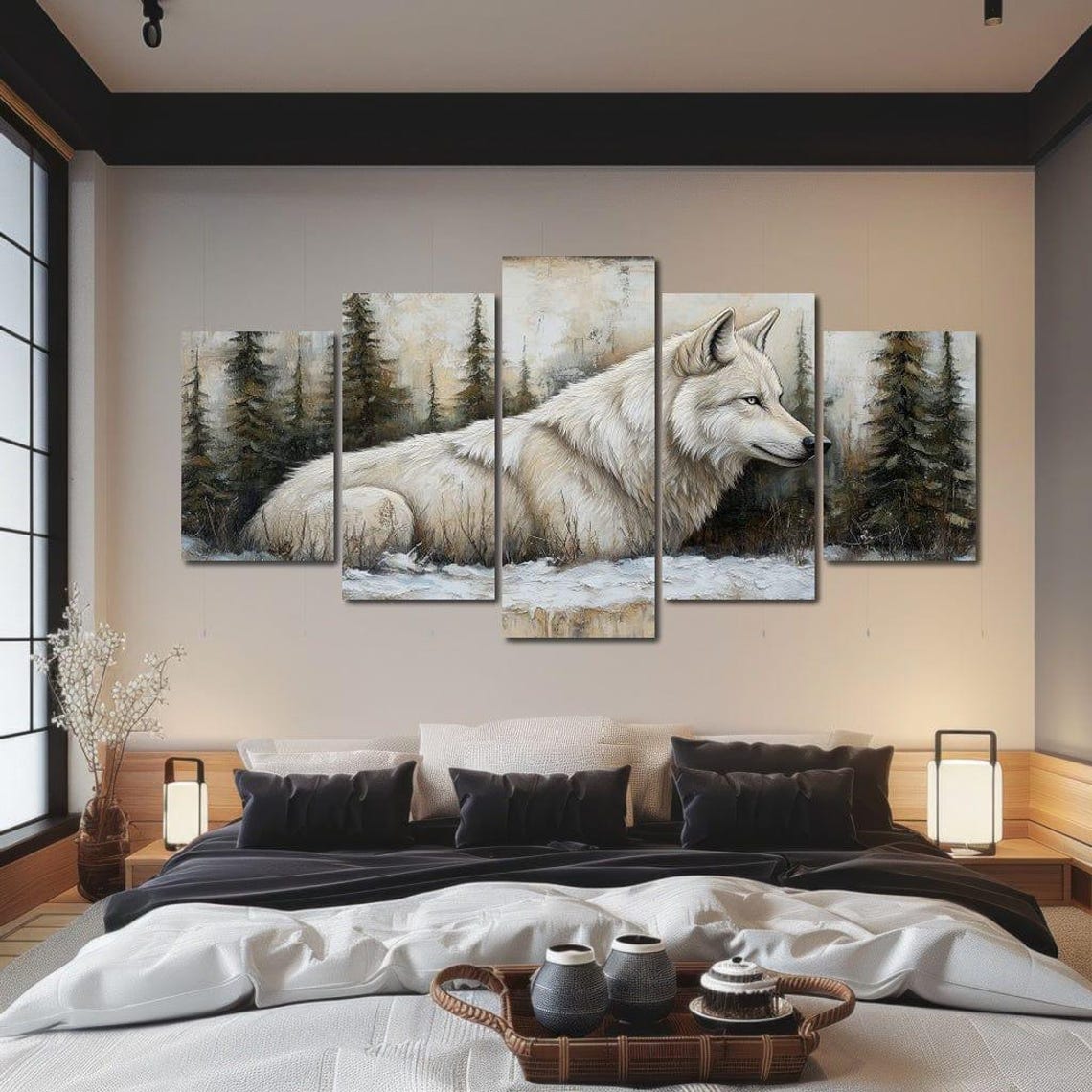 White Wolf Snowy Pine Forest Winter Landscape Wildlife Wall Art Print - Image 4