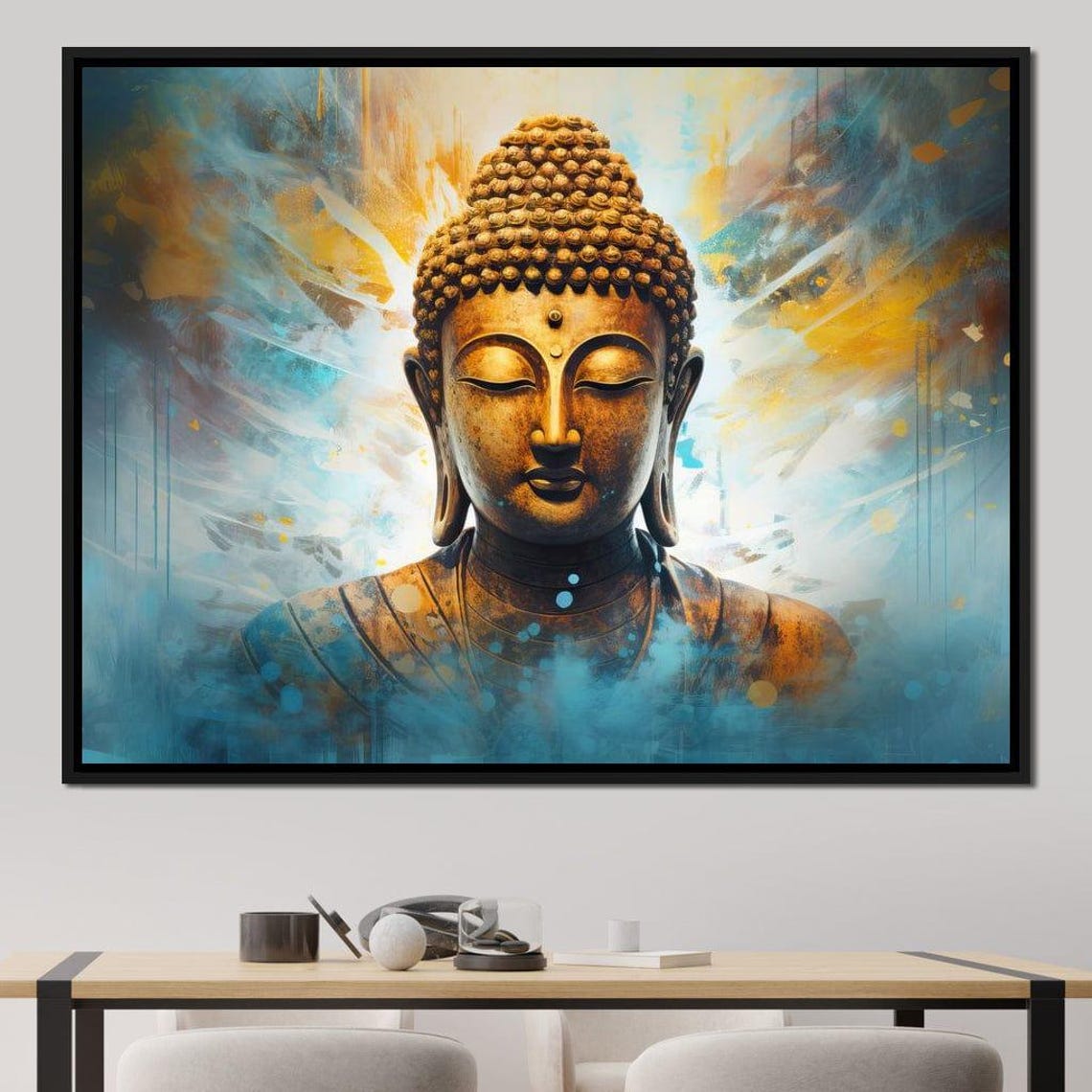Golden Buddha Head Blue Gold Serene Meditation Spiritual Wall Poster - Image 2